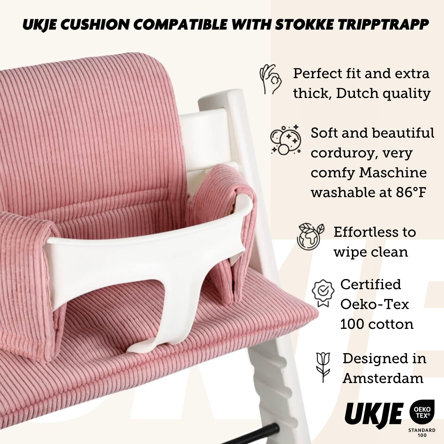 UKJE Rose Rib cushion on Stokke Tripp Trapp enhances seating with breathable fabric.