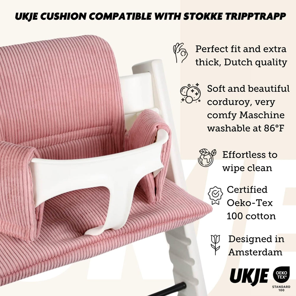 UKJE Rose Rib cushion on Stokke Tripp Trapp enhances seating with breathable fabric.