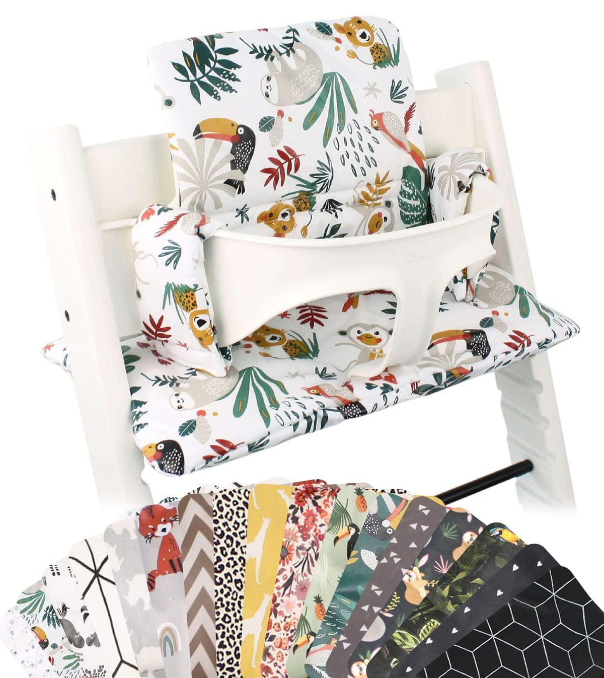 UKJE cushion for Stokke Tripp Trapp front view shows soft White Monkey fabric for comfortable meals.
