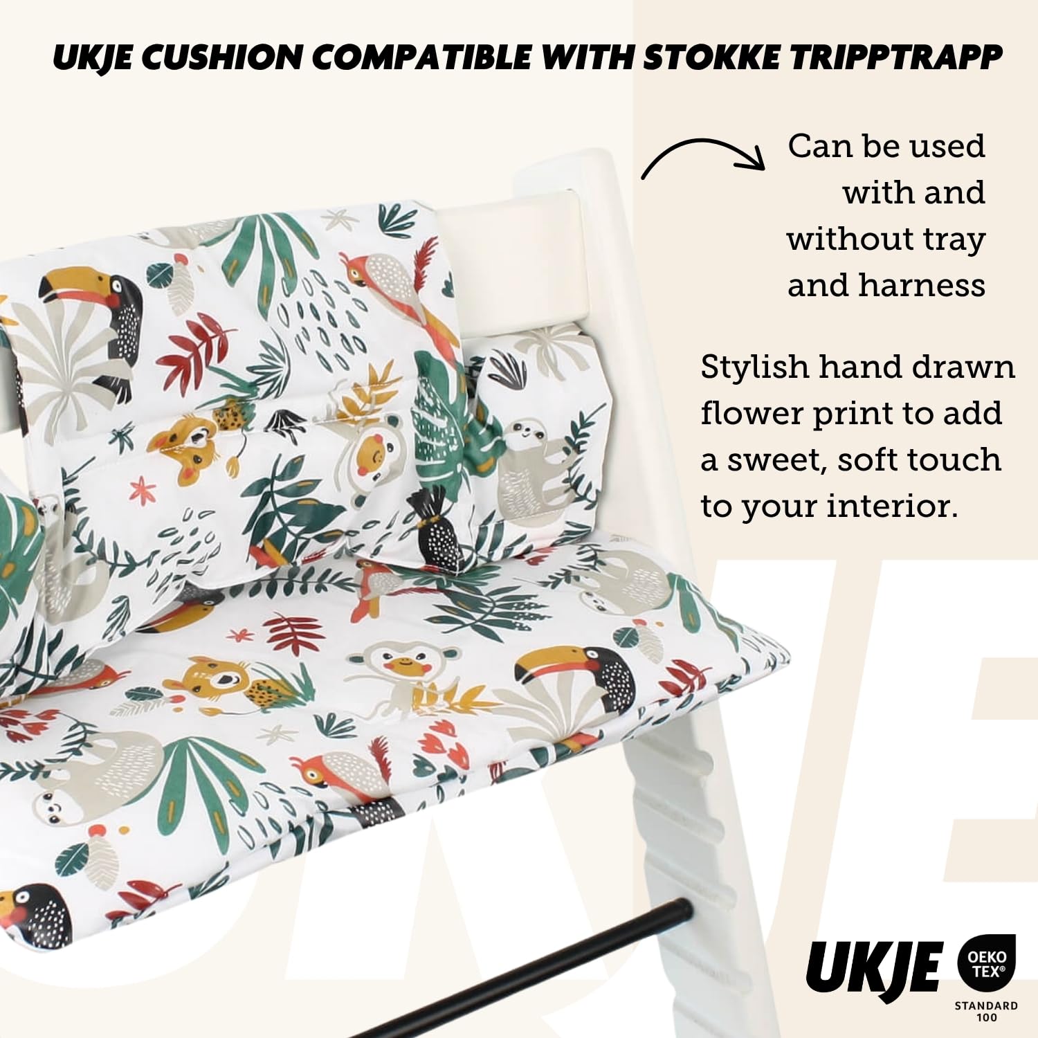 UKJE cushion seat attachment image demonstrates secure fit with Stokke Tripp Trapp.
