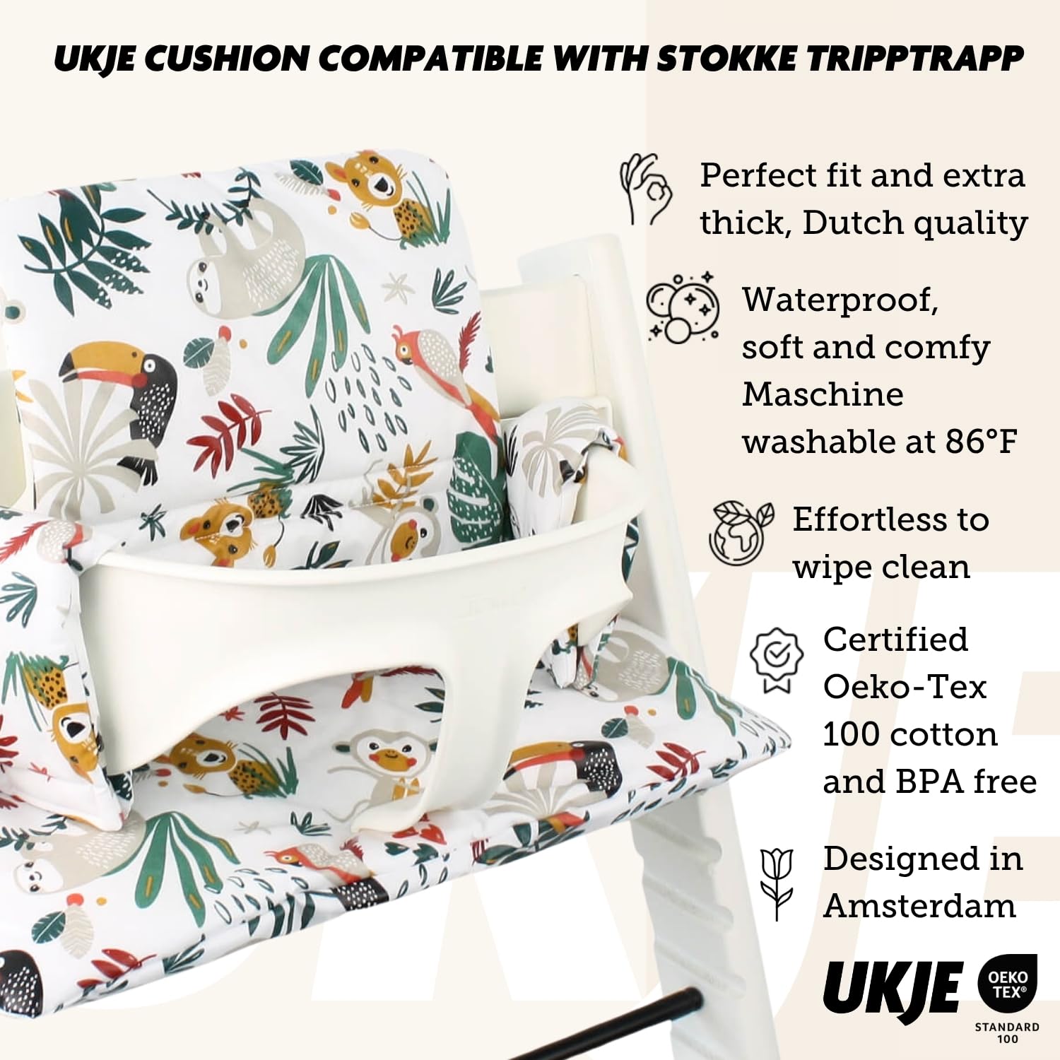 UKJE cushion side view highlights quick installation with no tools required.