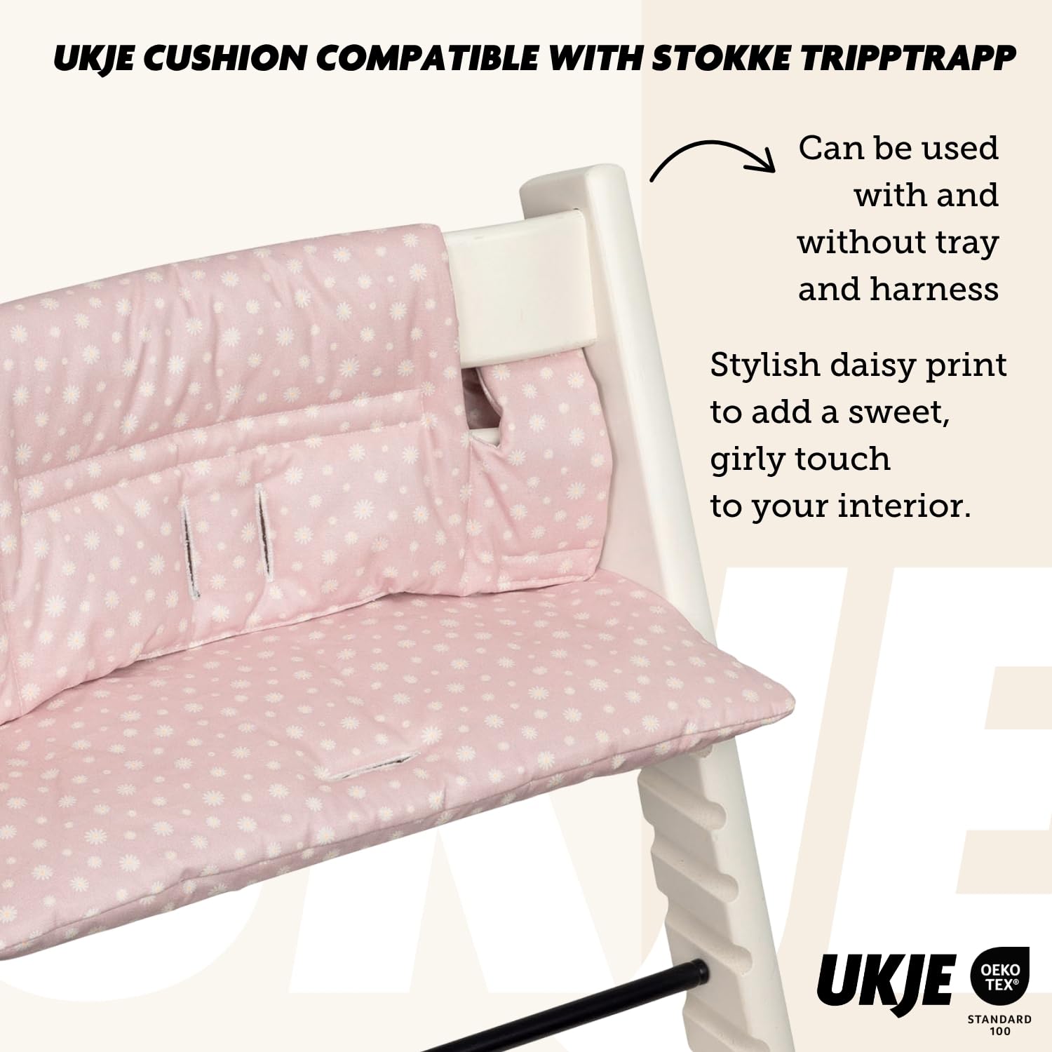 UKJE pink daisy fabric close-up highlights Oeko-Tex cotton and soft touch