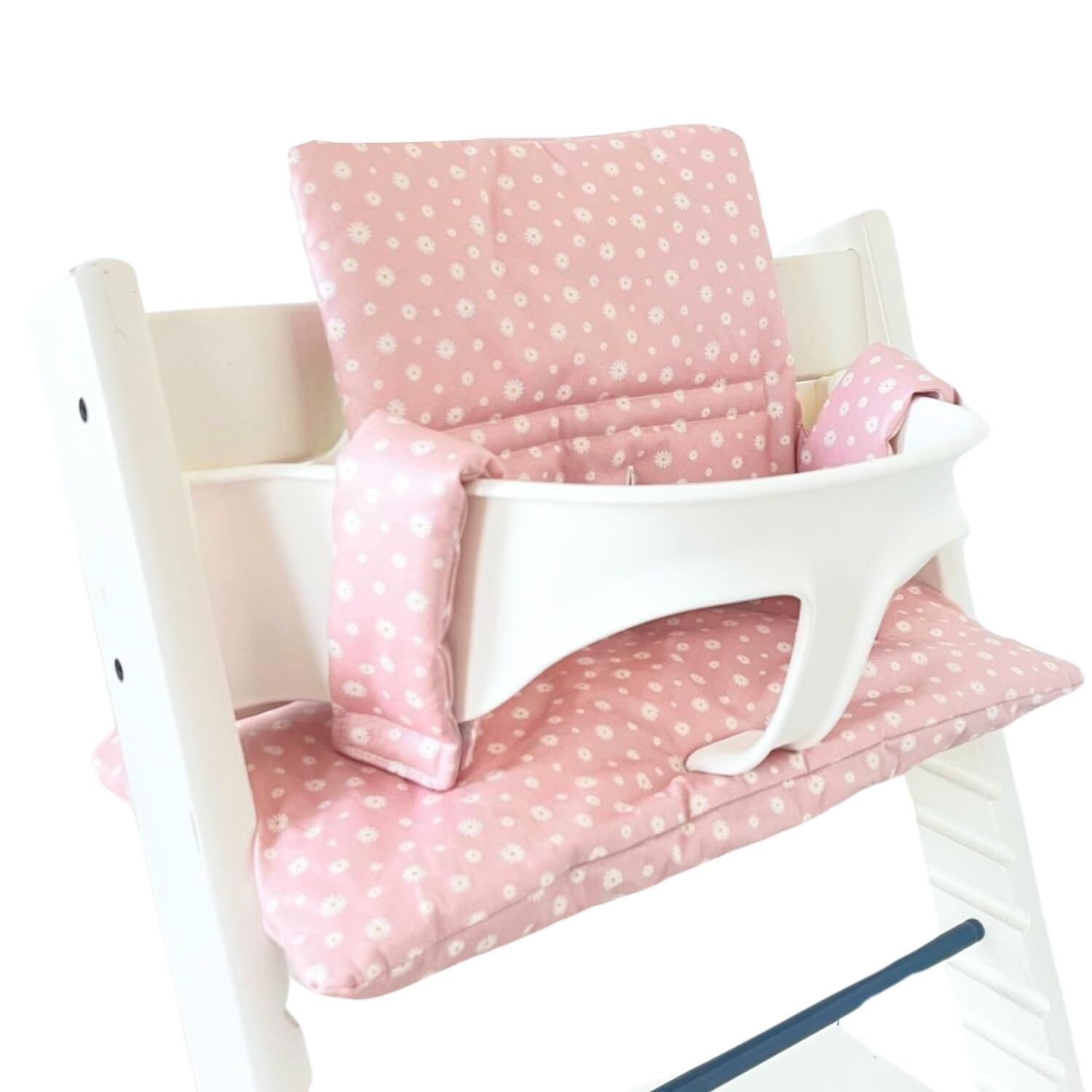 UKJE Stokke Tripp Trapp cushion pink daisy front view for comfortable mealtime seating