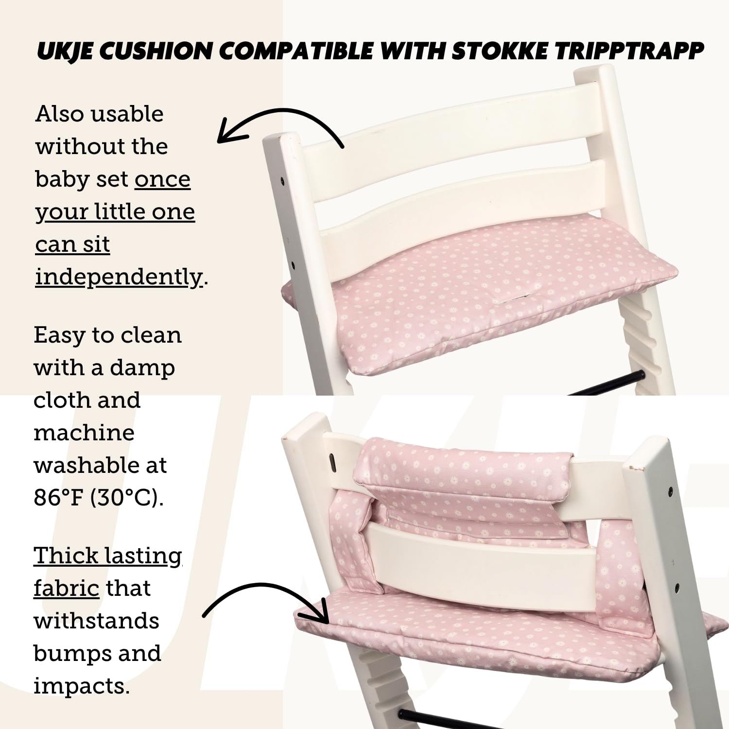 UKJE cushion material close-up shows laminated, stain-resistant surface for busy mealtimes