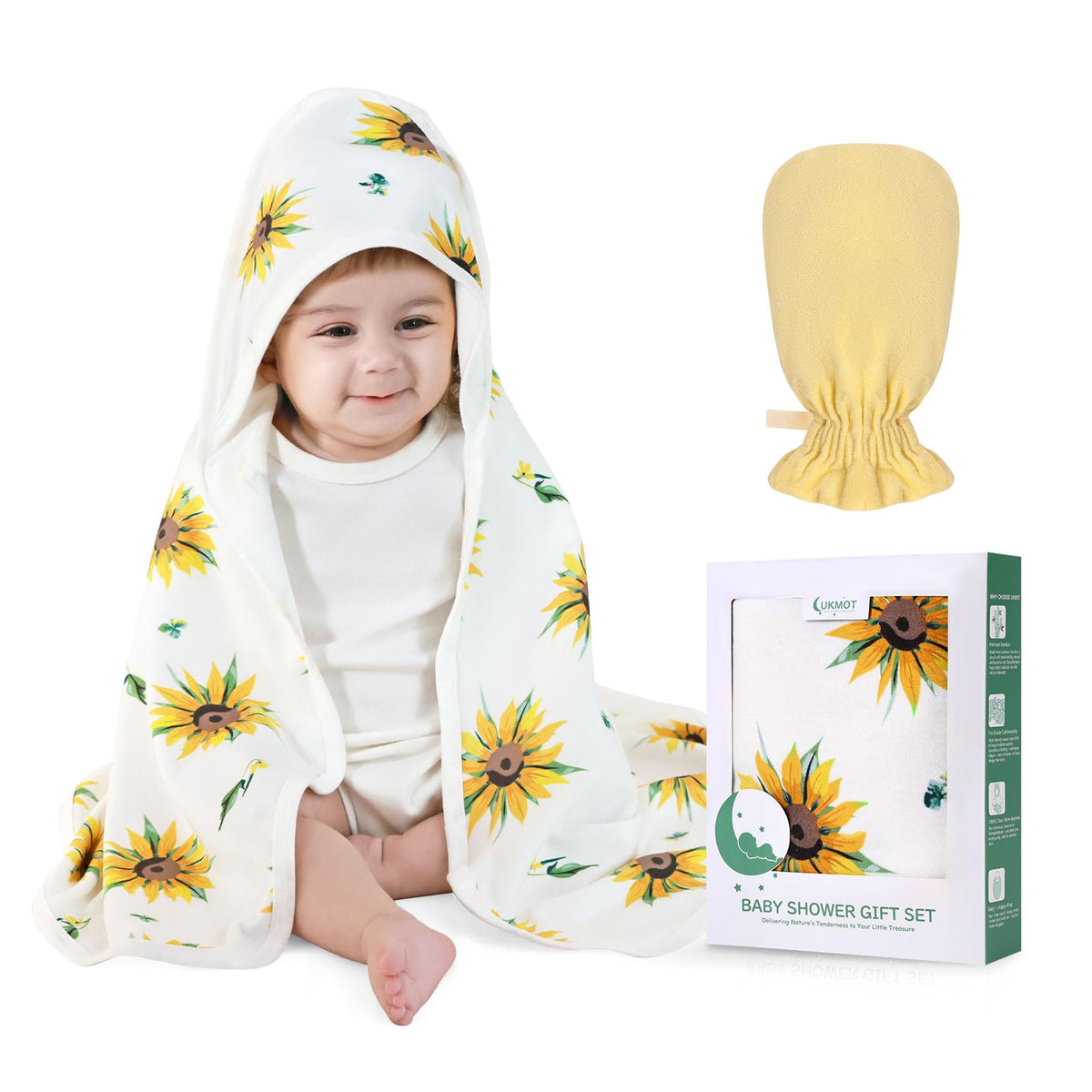 UKMOT Hooded Baby Towel Sunflower wraps newborn in soft, absorbent warmth after bath.