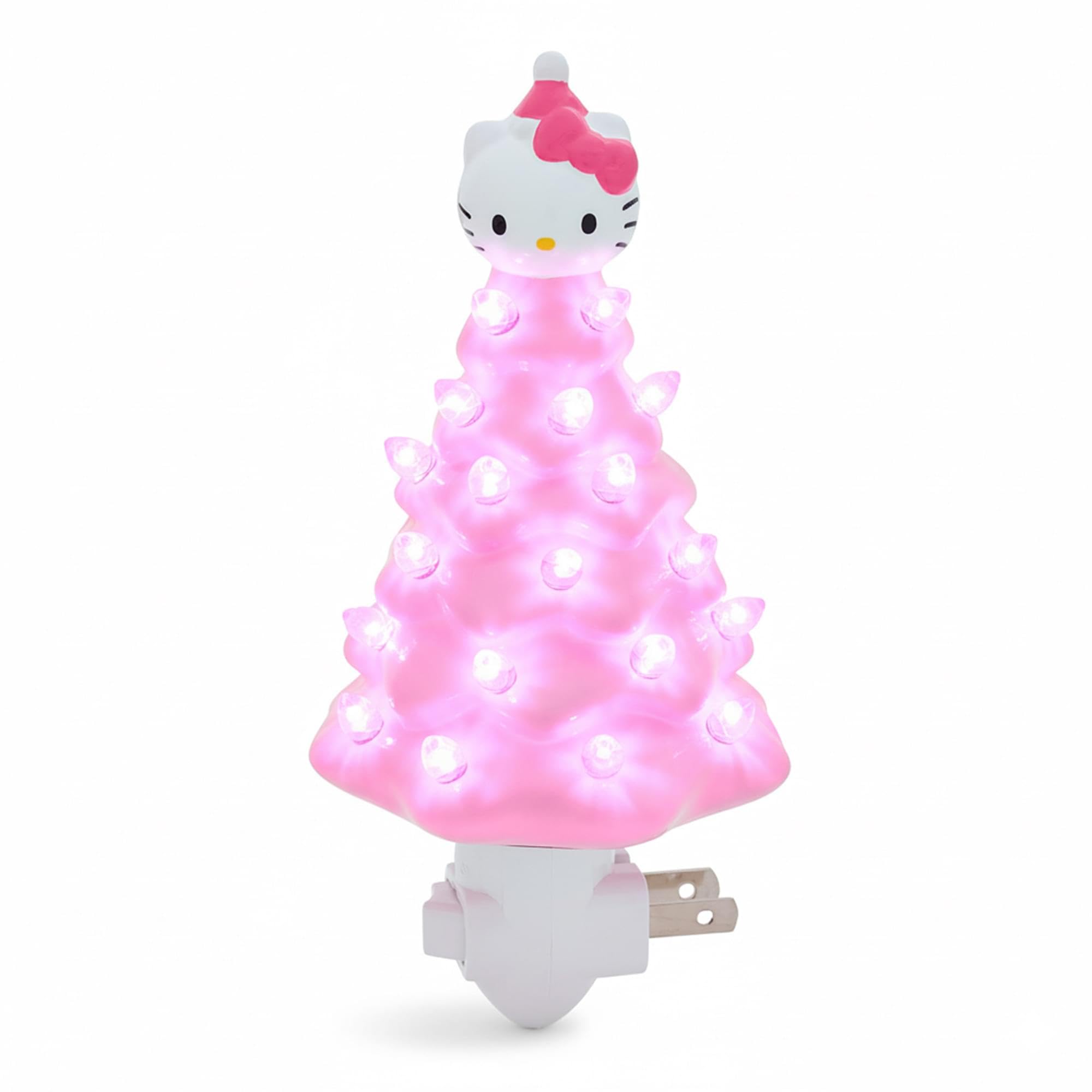 Ukonic Sanrio Hello Kitty pink 6-inch ceramic Christmas tree nightlight front view adds cozy glow.