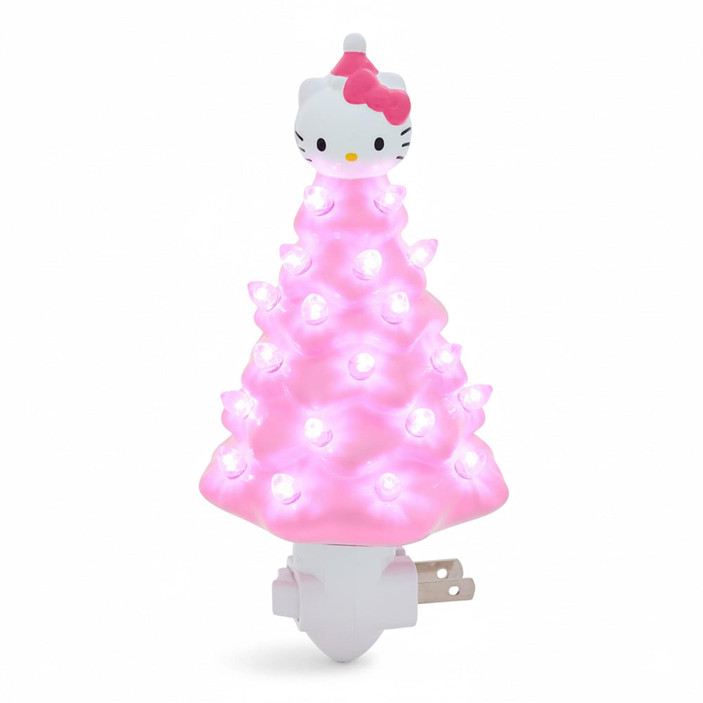 Ukonic Sanrio Hello Kitty pink 6-inch ceramic Christmas tree nightlight front view adds cozy glow.
