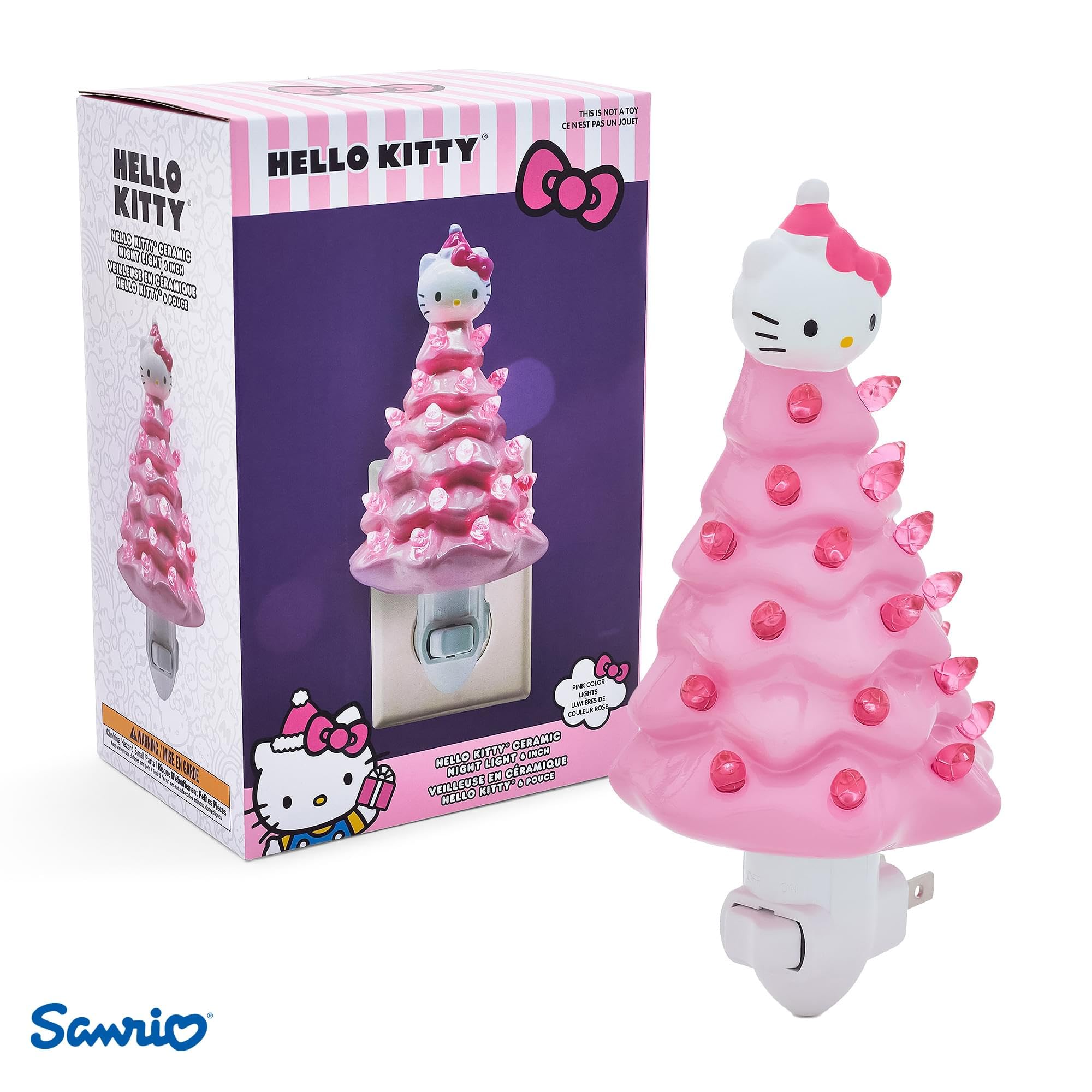 Ukonic Sanrio Hello Kitty pink 6-inch nightlight detail highlights Santa hat charm and cheerful pink tones.