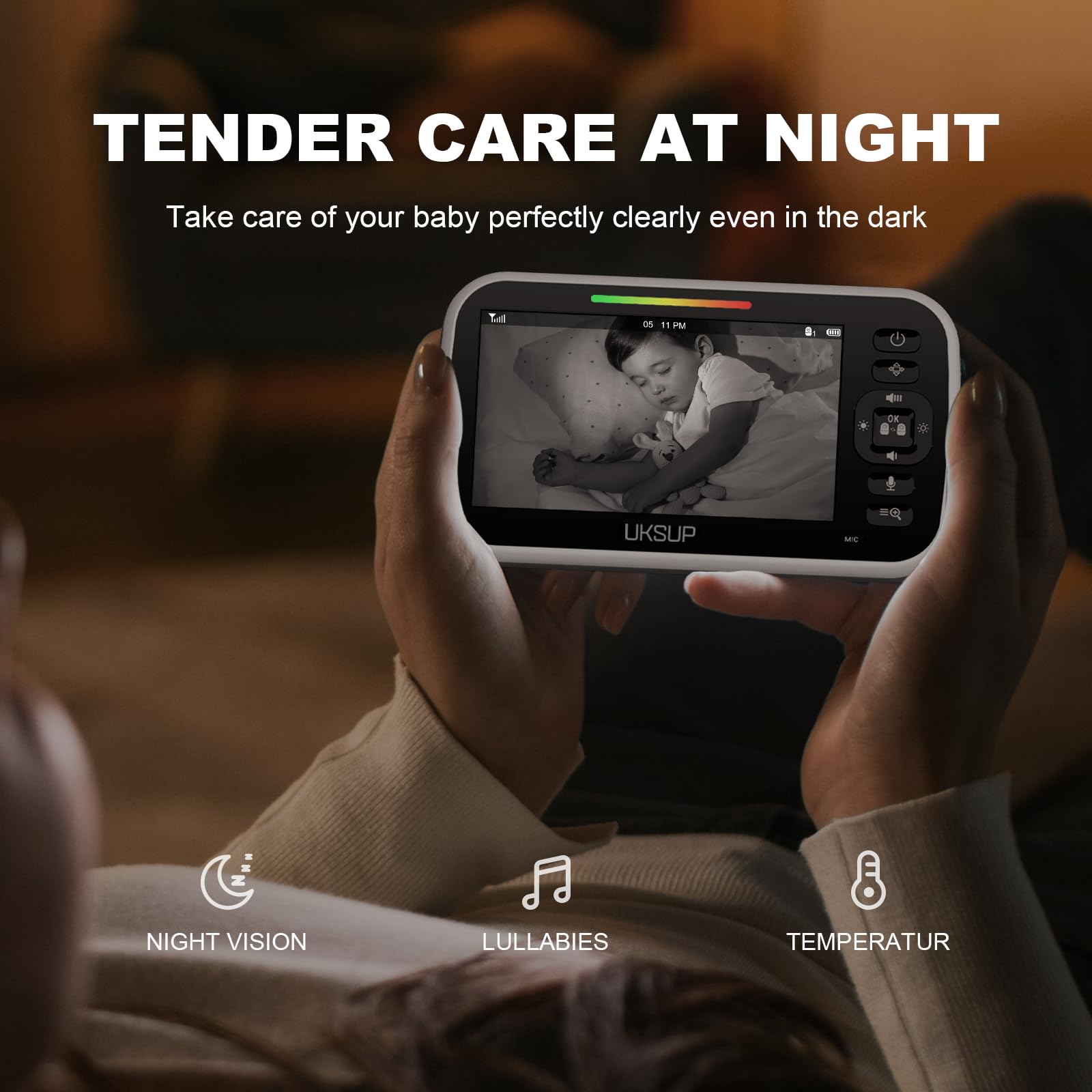 UKSUP 5-inch LCD display provides crystal-clear baby video.