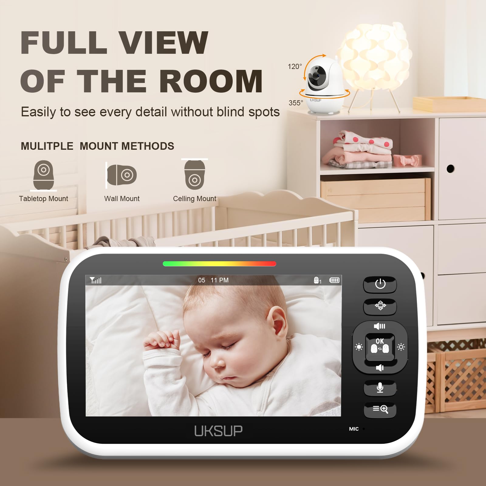 UKSUP baby monitor PTZ remote view shows baby from every angle.