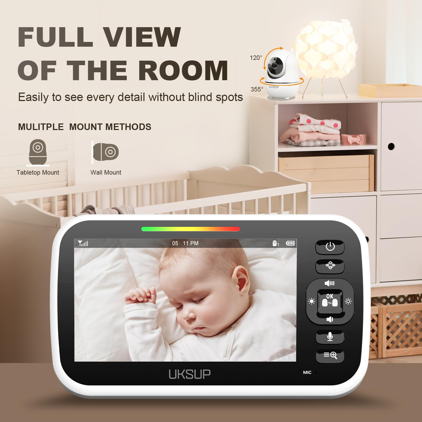 UKSUP remote pan-tilt-zoom enables tracking your baby from another room.