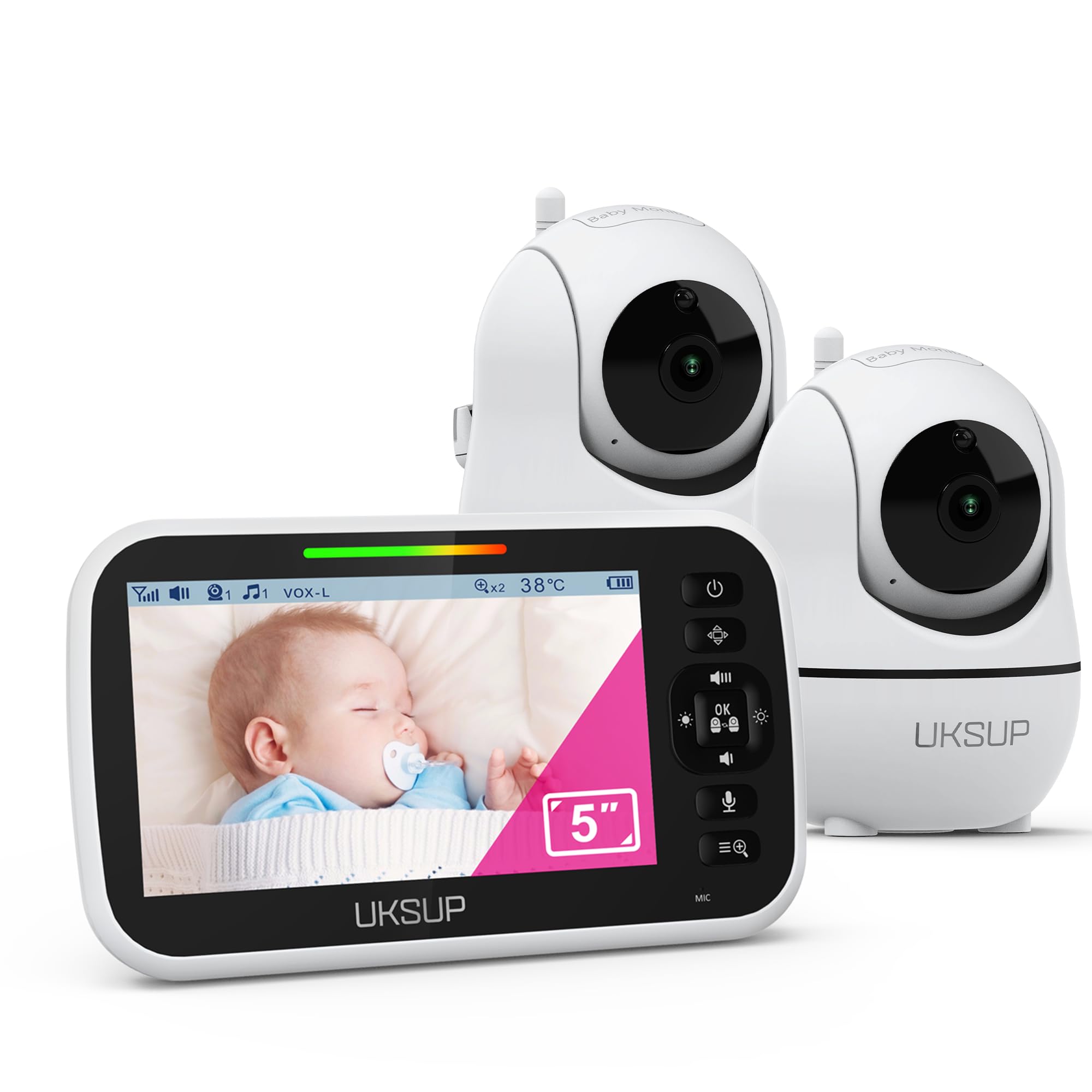 UKSUP two-camera baby monitor front view offers wide crib coverage and peace of mind.