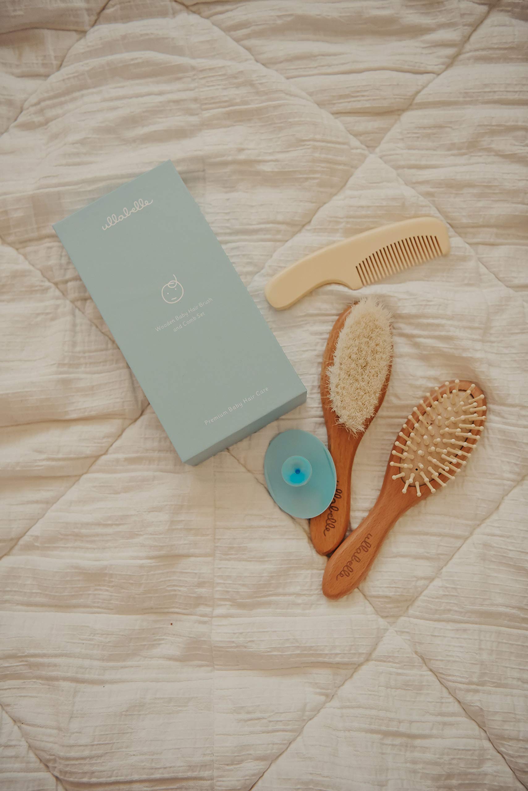 Gift-ready Ullabelle baby hair brush set boxed for registries and baby showers.