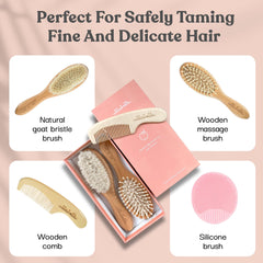 Ullabelle pink goat hair brush closeup highlights ultra-soft bristles for gentle scalp massage