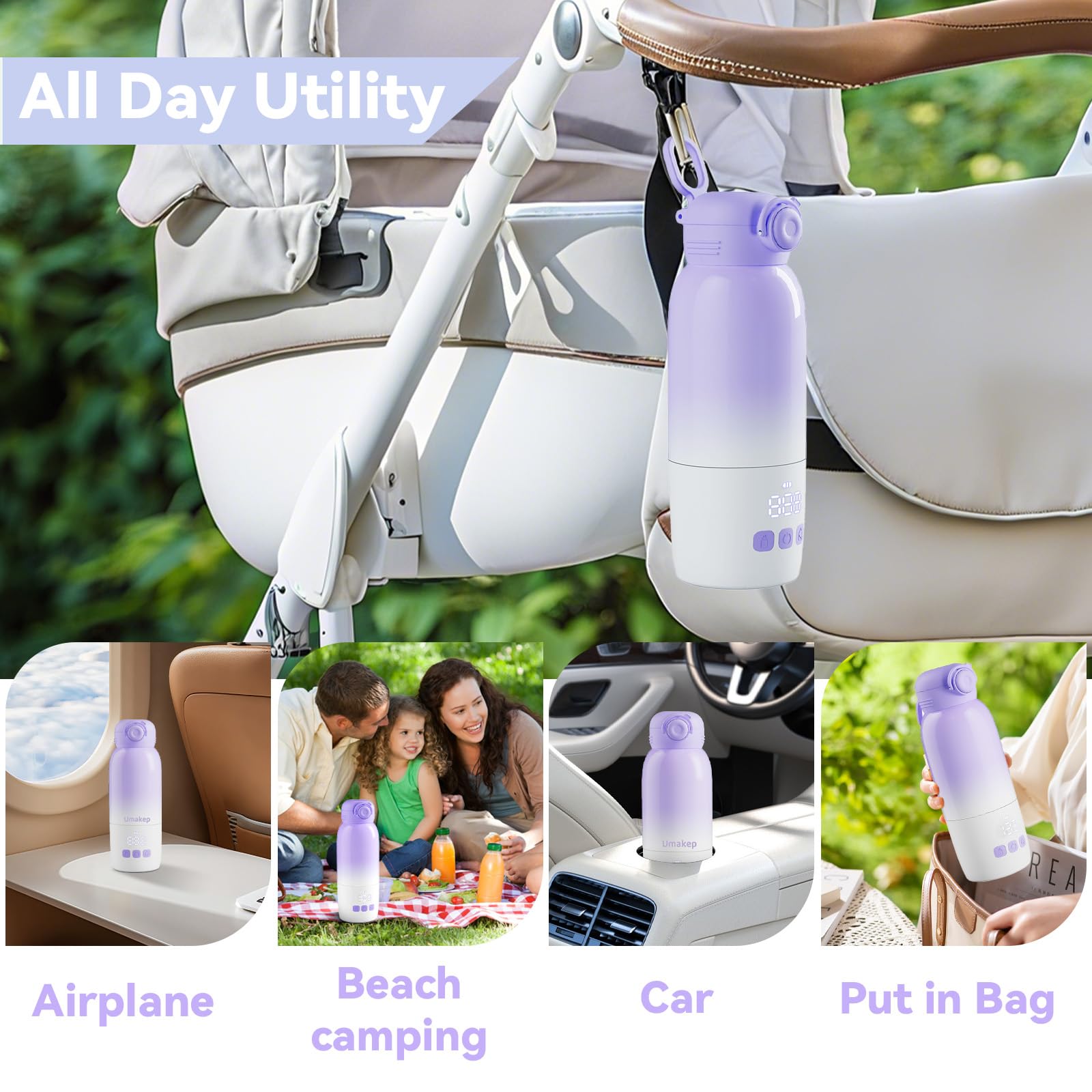 Umakep portable bottle warmer purple color adds a friendly parenting touch.