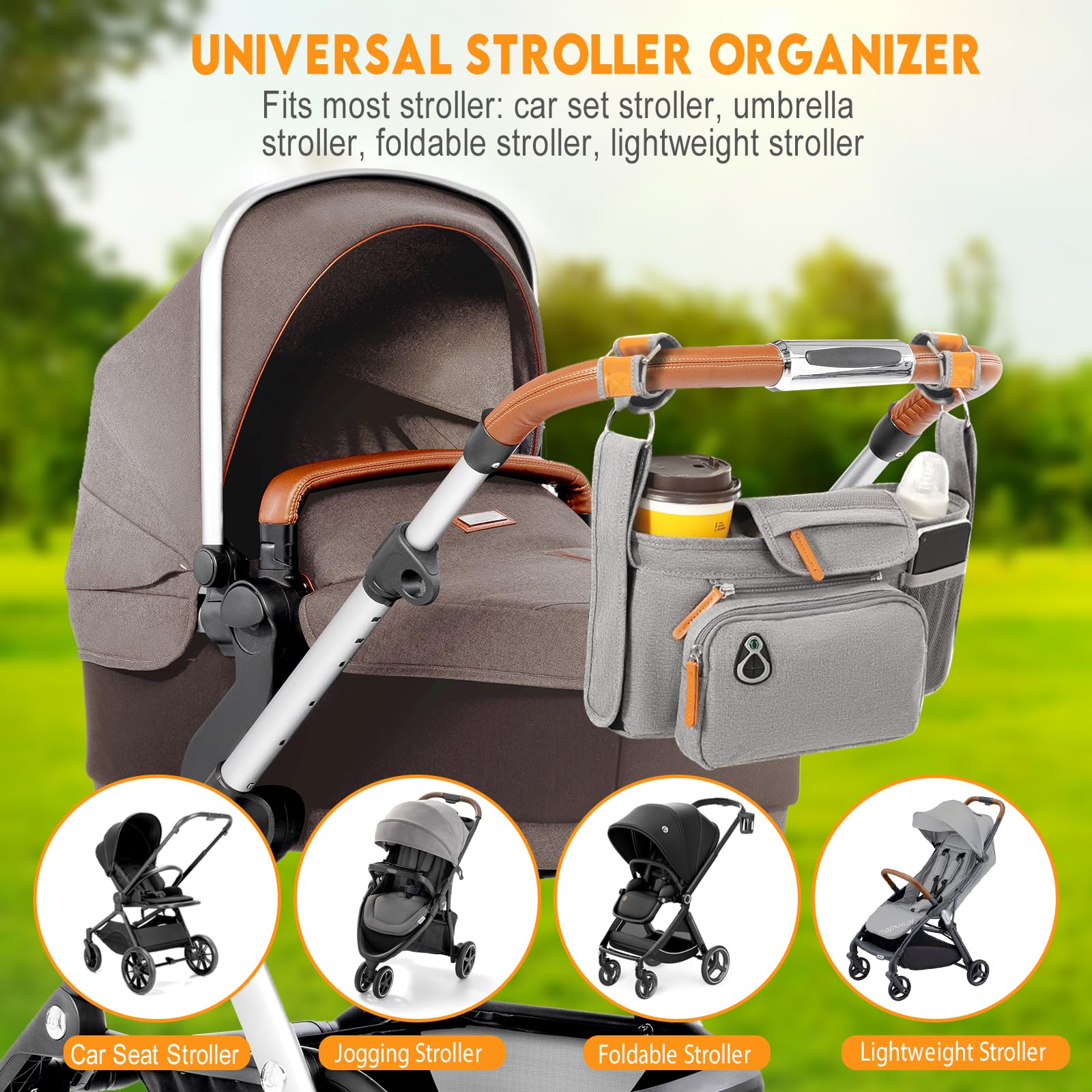 UMBEIBEI stroller organizer attached to pram illustrating universal compatibility