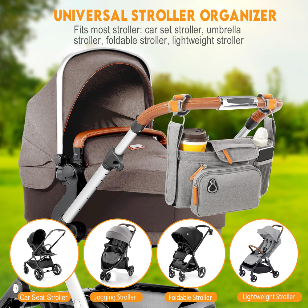 UMBEIBEI stroller organizer attached to pram illustrating universal compatibility