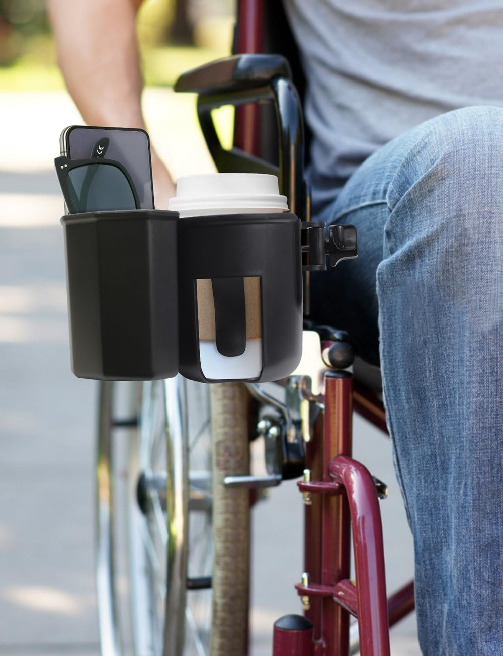 UMBEIBEI cup holder displays large storage space for bottles and devices.