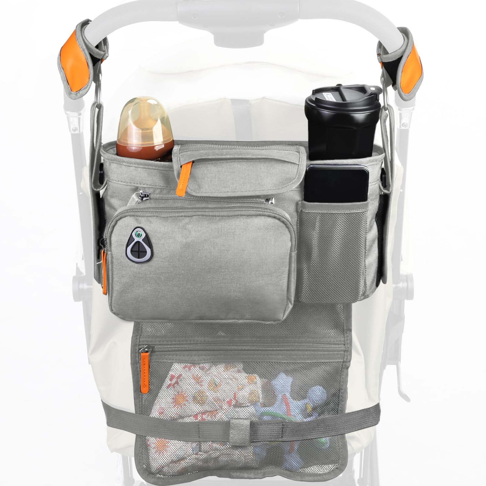 UMBEIBEI universal stroller organizer front view showing compact essential storage for essentials