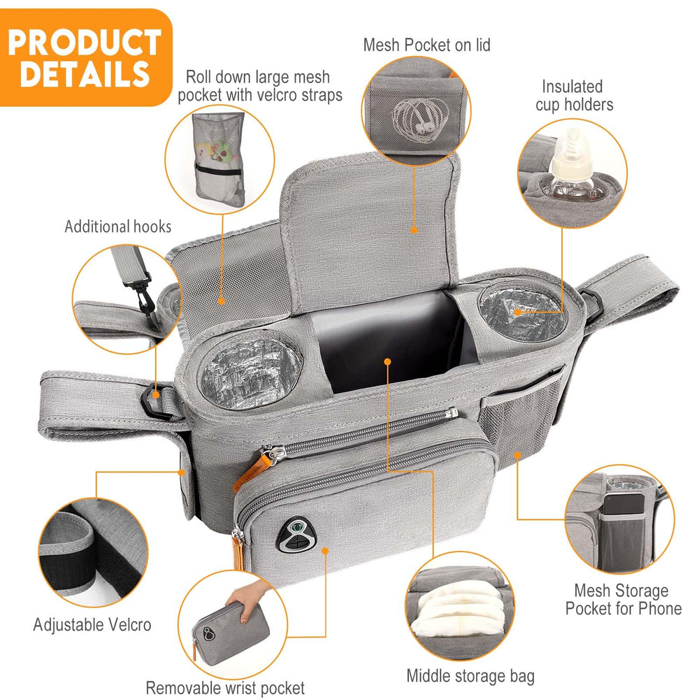 UMBEIBEI stroller organizer side view showing insulated cup holders for bottles