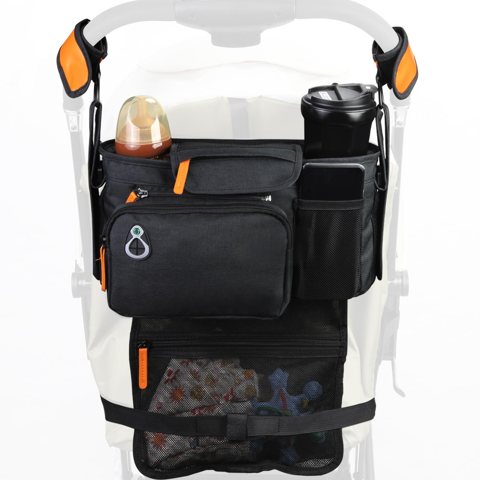 UMBEIBEI universal stroller organizer with insulated cup holders for on-the-go drinks.