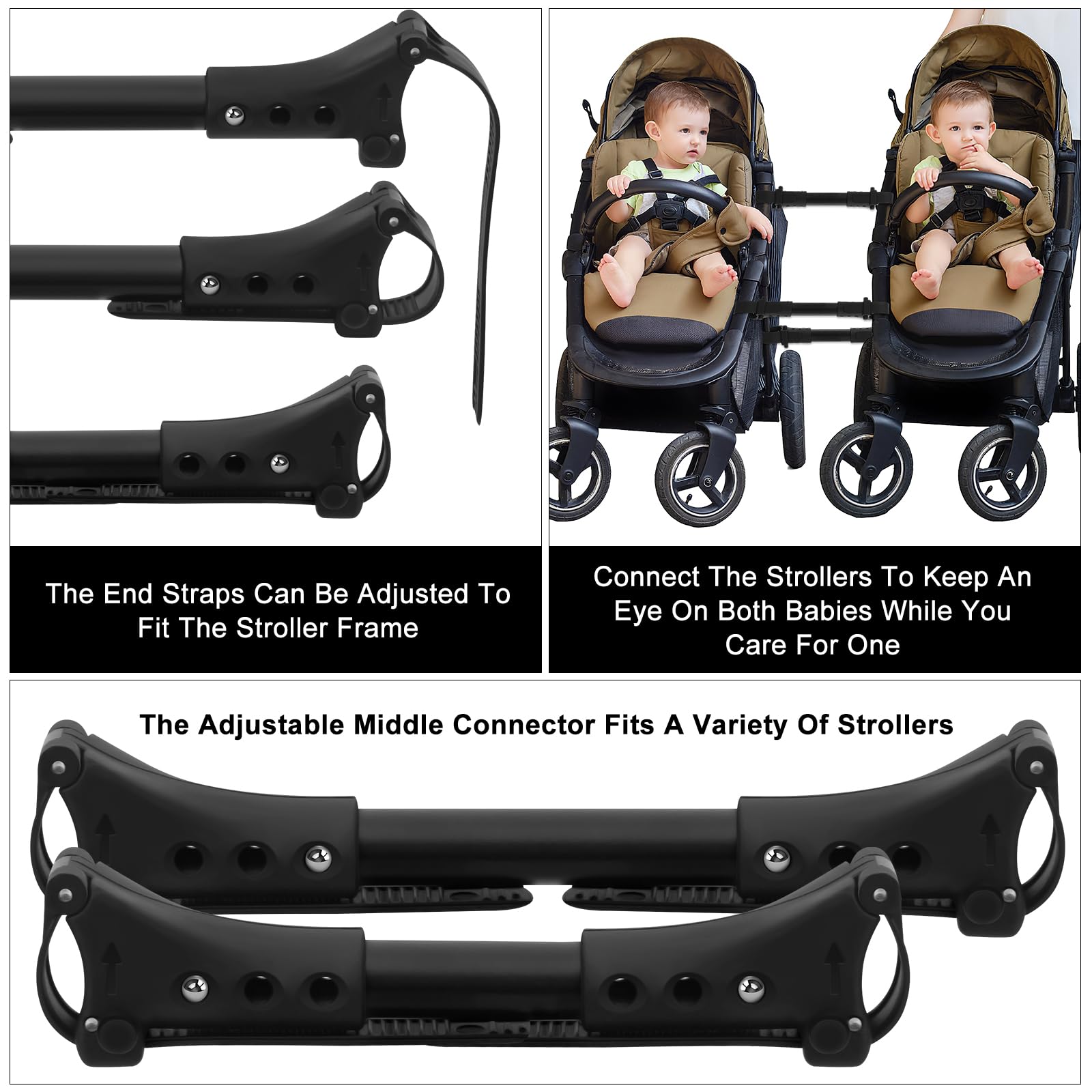 Stroller Connector umbrella-stroller compatibility highlights aluminum construction and lightweight handling.