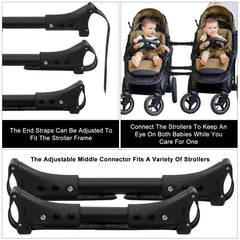 Stroller Connector umbrella-stroller compatibility highlights aluminum construction and lightweight handling.