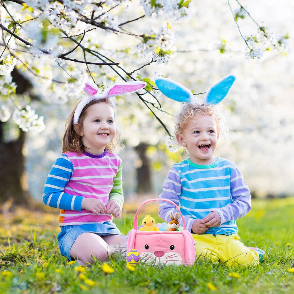 UMEELR Child holding soft Easter basket during egg hunt.