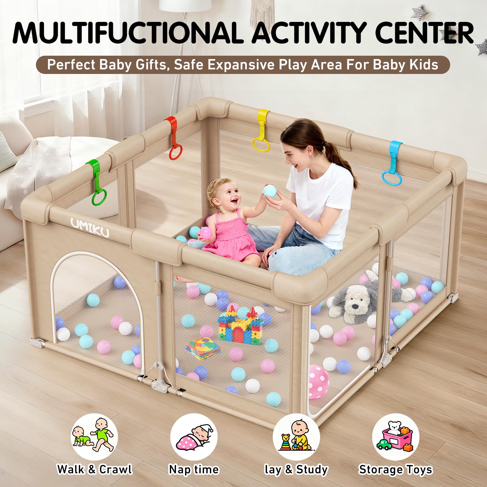 UMIKU baby playpen 50x50-dimension large play yard provides roomy exploration space.
