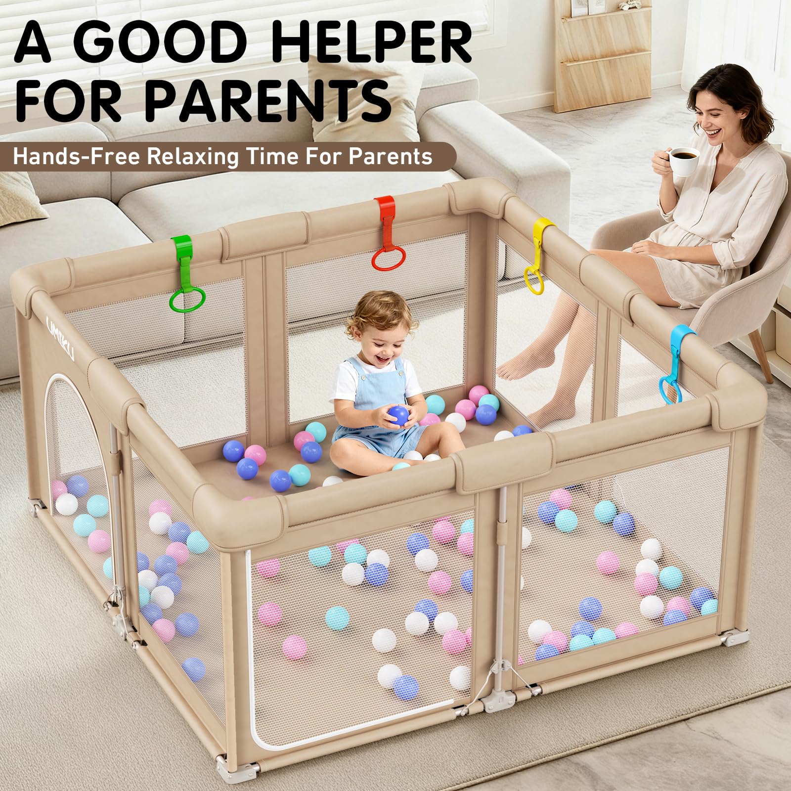 UMIKU baby playpen dual-door-arch allows crawl-through access and parent entry.