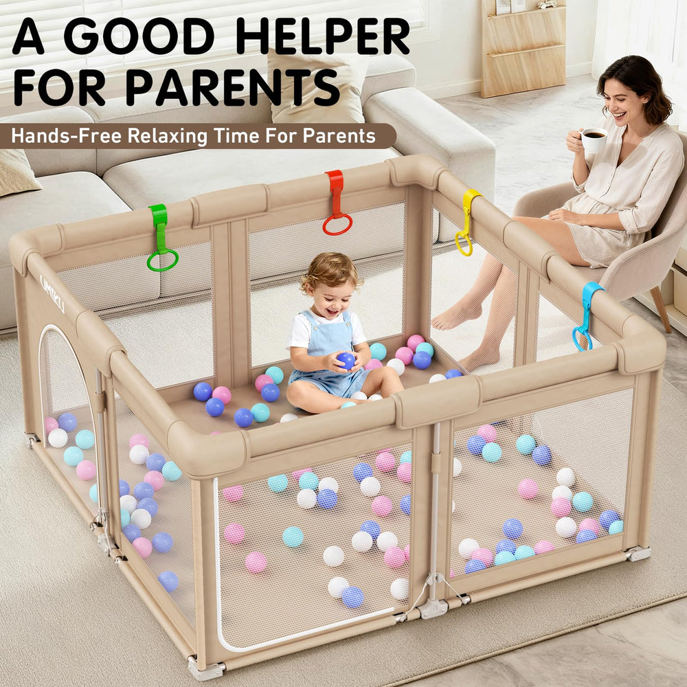 UMIKU baby playpen dual-door-arch allows crawl-through access and parent entry.