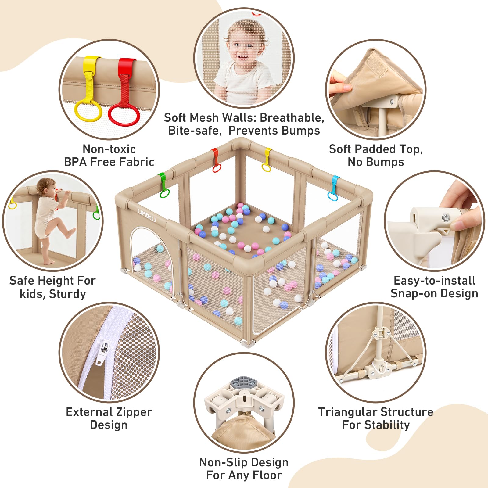 UMIKU baby playpen indoor-outdoor-use suitable for living rooms, parks, and yards.