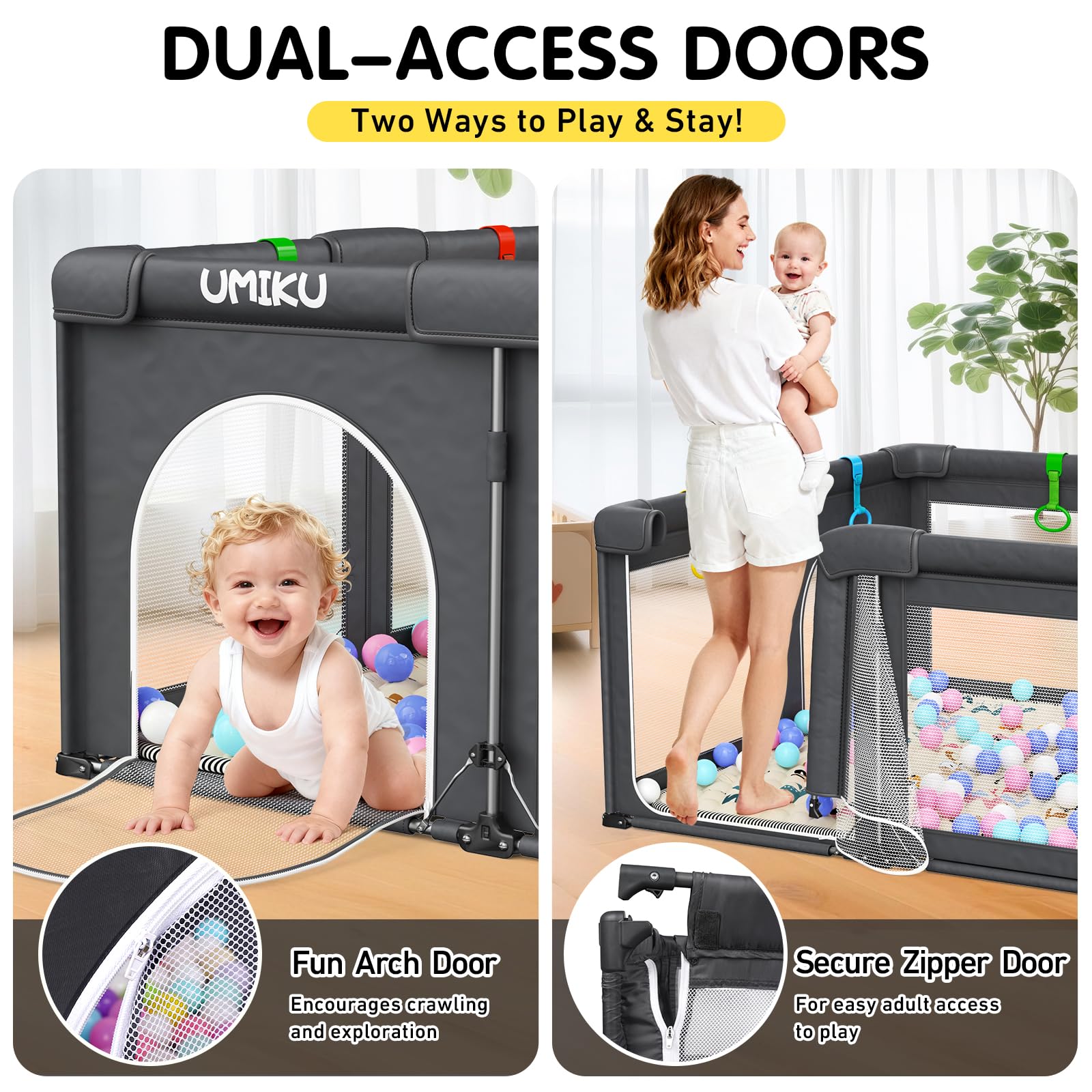 UMIKU baby playpen mesh sides offer clear visibility for attentive supervision.