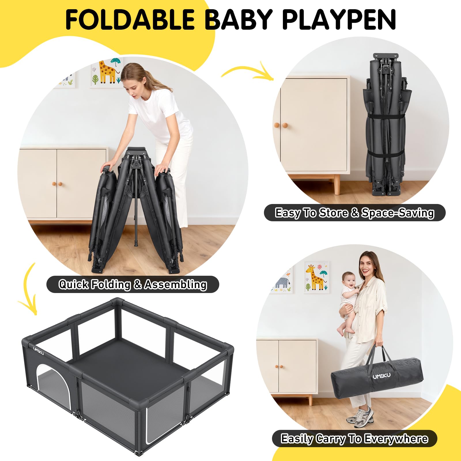 UMIKU playpen mesh sides offer clear visibility and ventilation