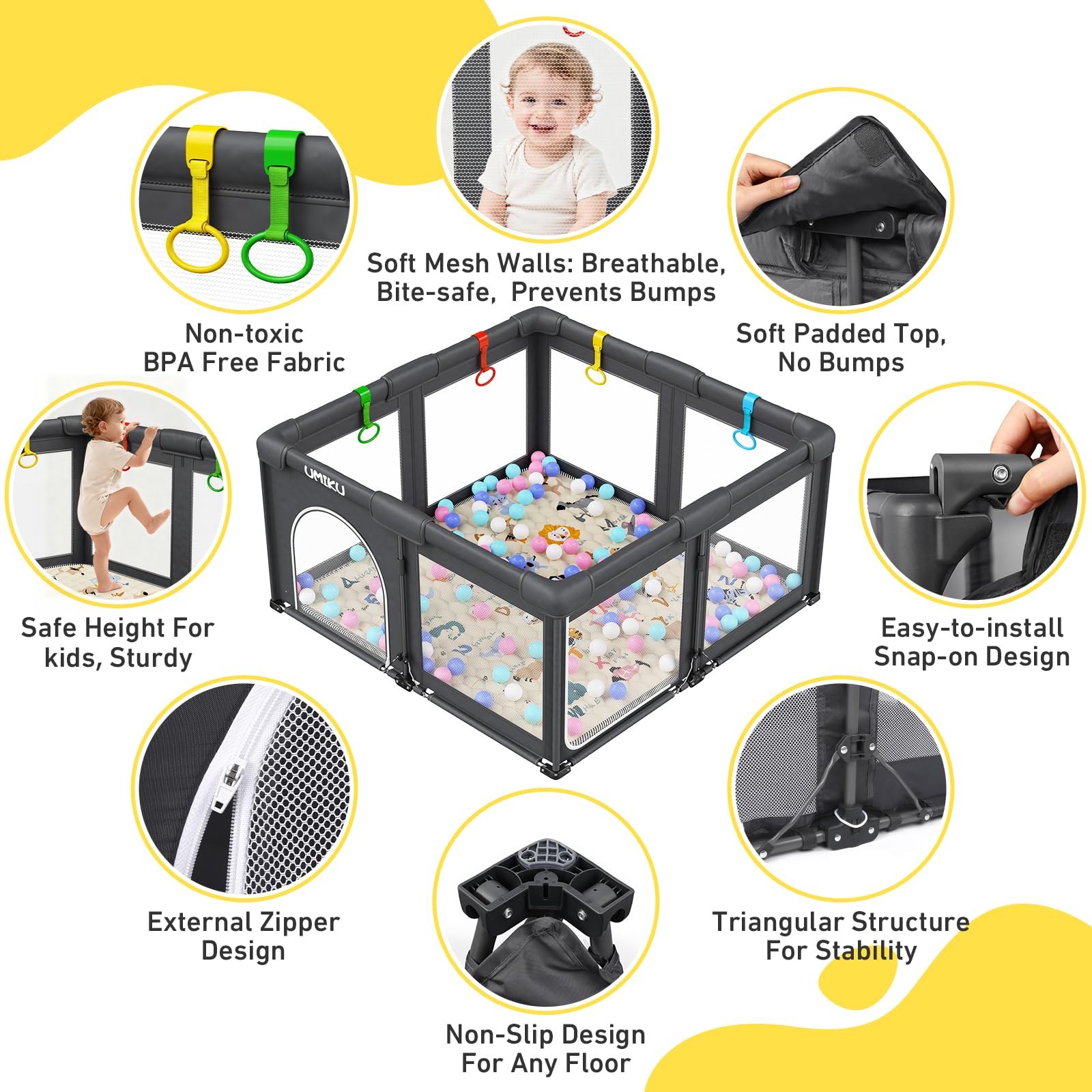 UMIKU playpen with non-slip base keeps baby safe on multiple floor types.