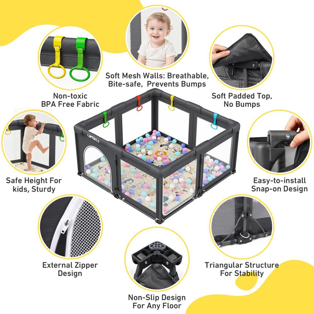 UMIKU playpen with non-slip base keeps baby safe on multiple floor types.