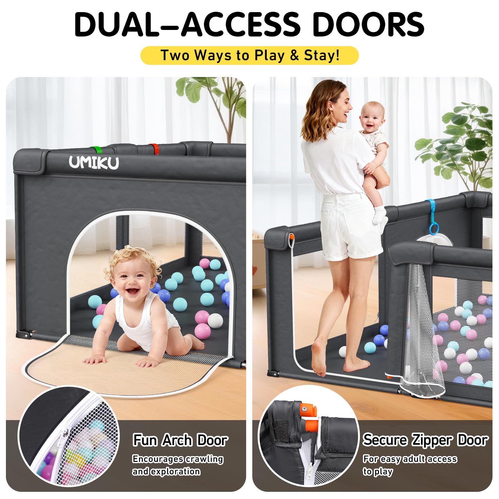UMIKU playpen with dual doors design for easy parent access
