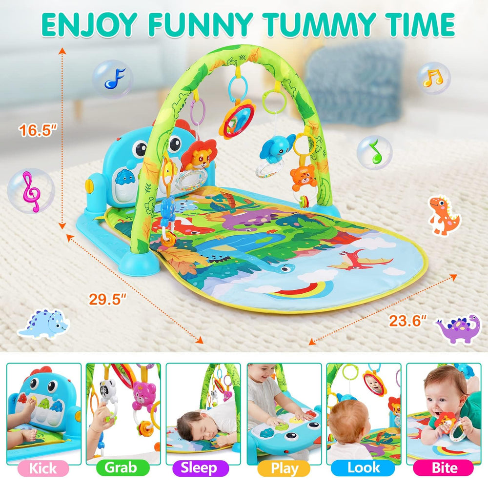 UMIKU Dinosaur play arch hanging toys boosts reach and grabbing skills during playtime.