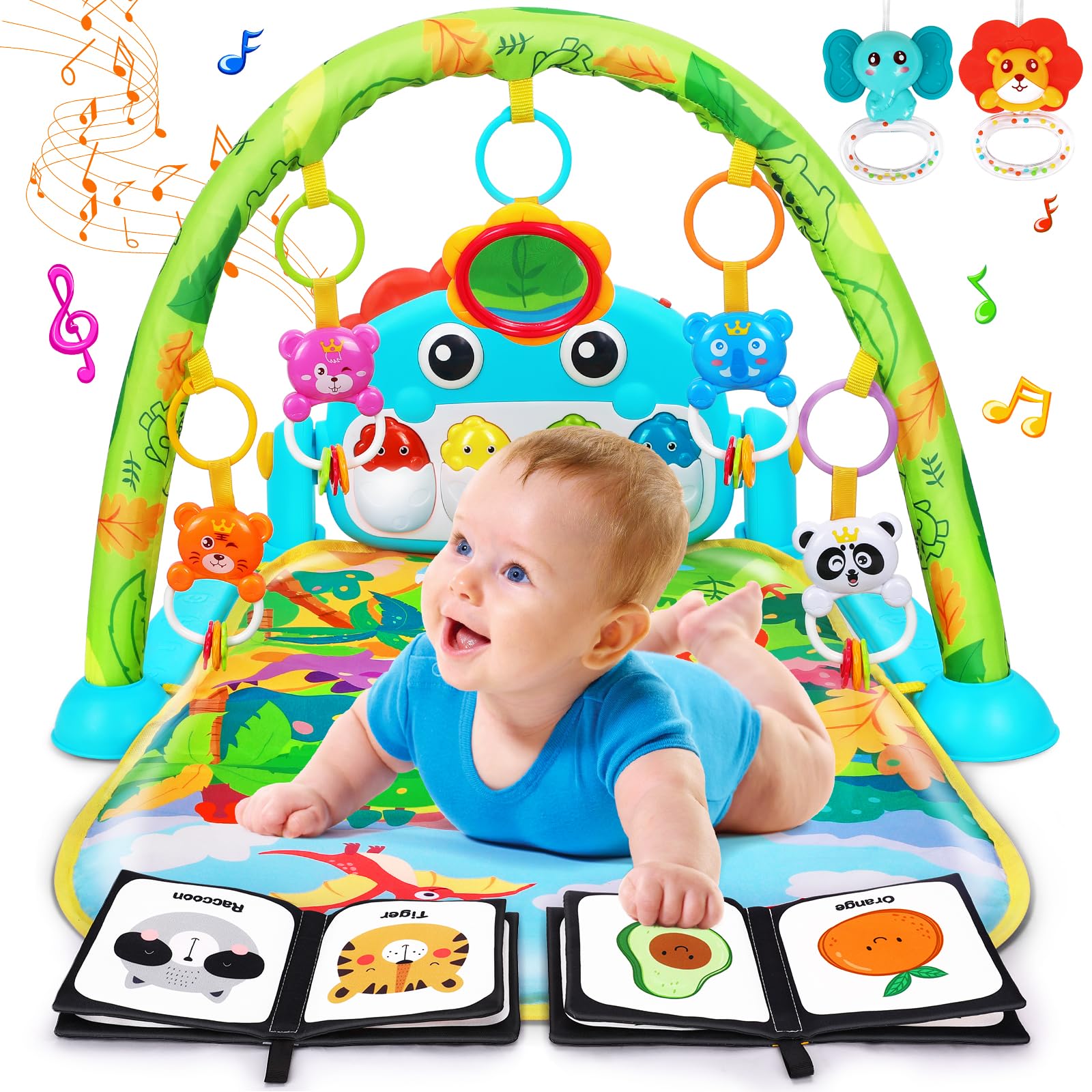 UMIKU dinosaur play mat with arch toys encourages early reach.