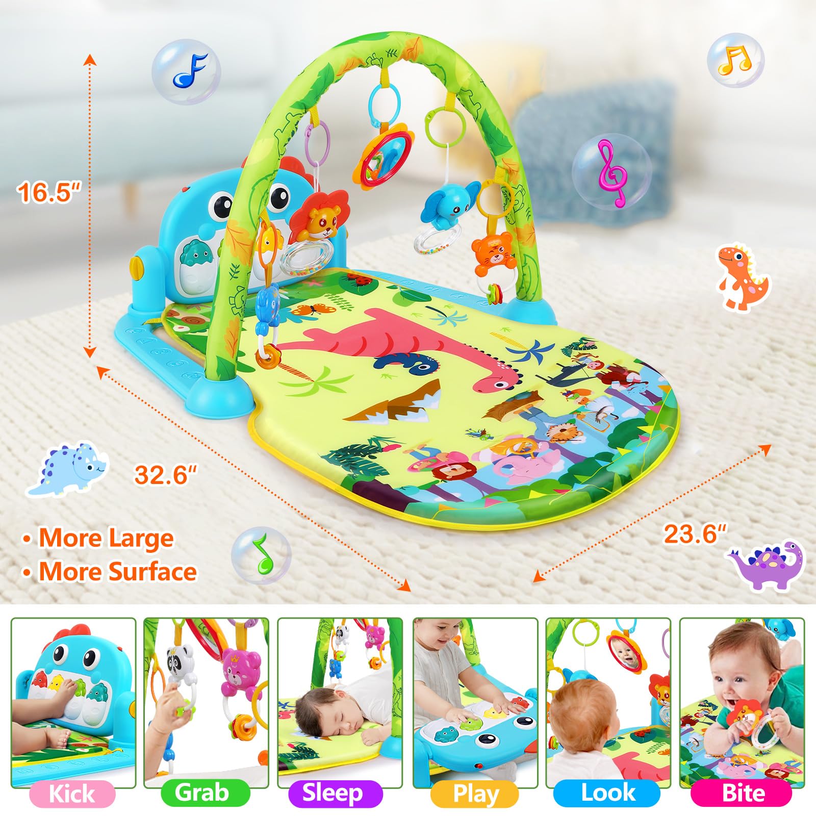 UMIKU dinosaur play mat bright colors with gentle lights for visual stimulation