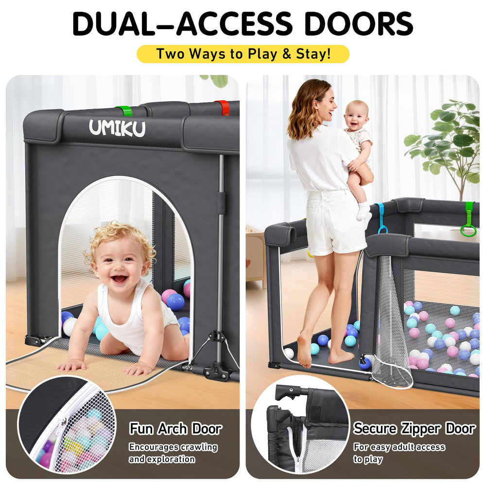 UMIKU playpen dual-door arch entry shows easy access for parent and child