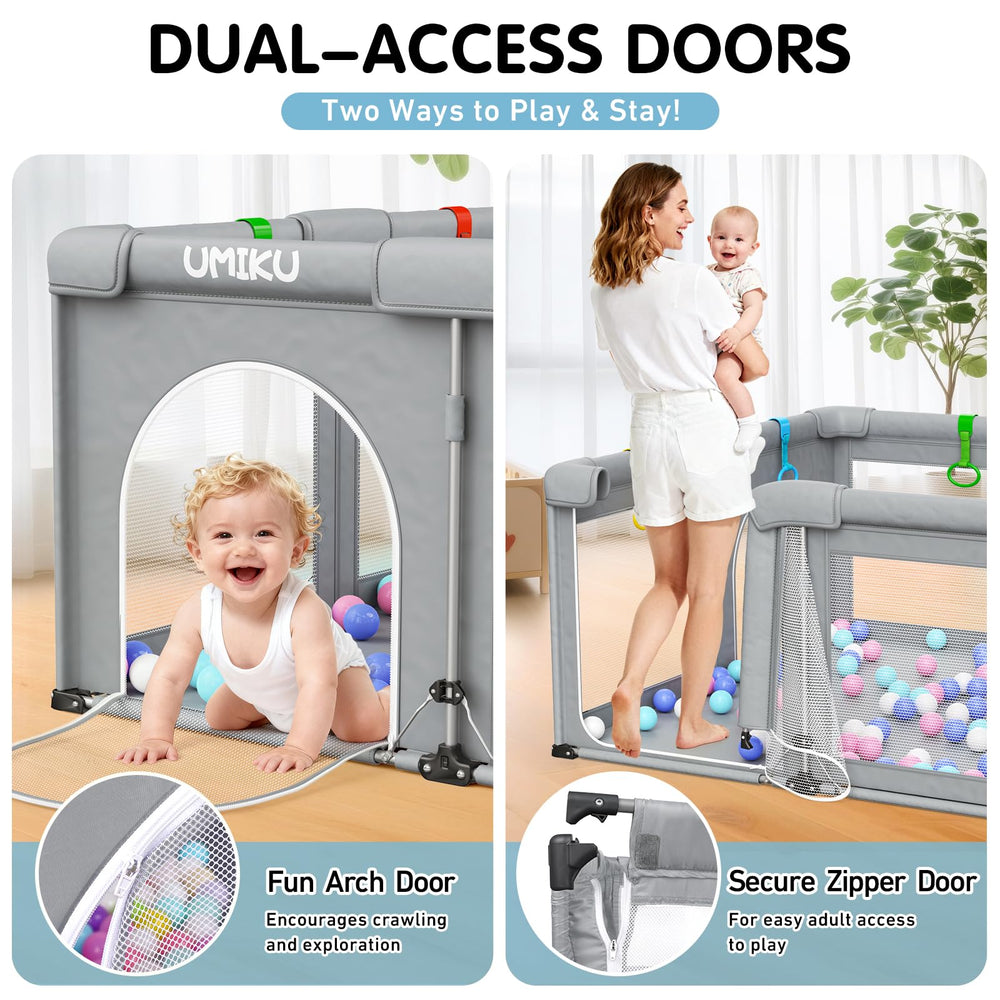 UMIKU Playpen dual doors with arch crawl-through and zip entry for easy parent access.