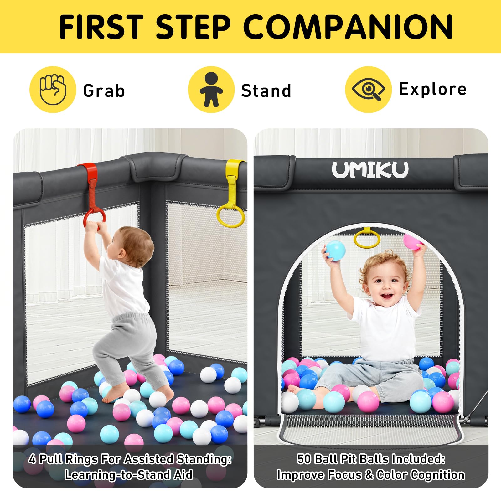 UMIKU playpen four handles support stability and early mobility