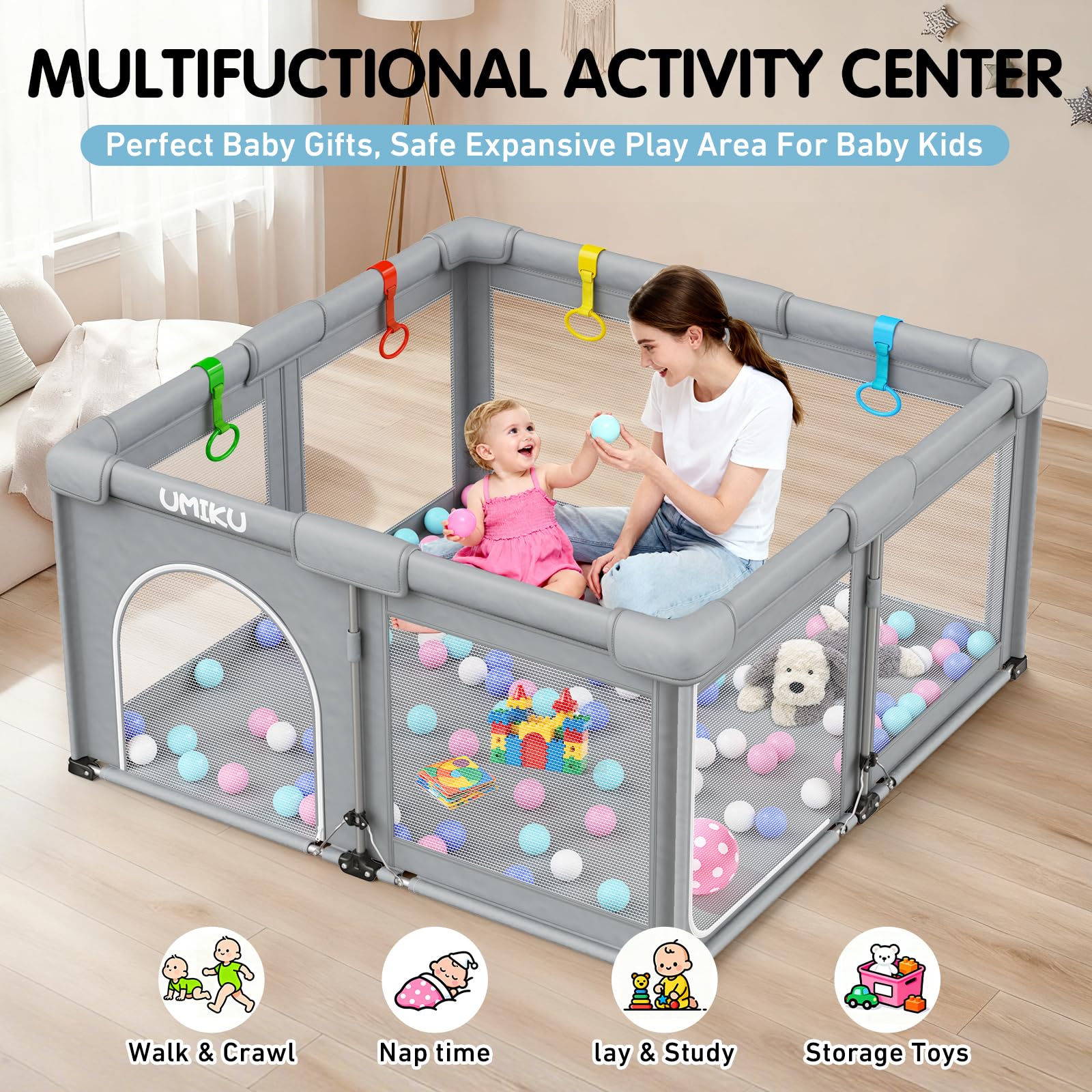 UMIKU playpen is suitable for indoor-outdoor use on various floors thanks to a non-slip base.