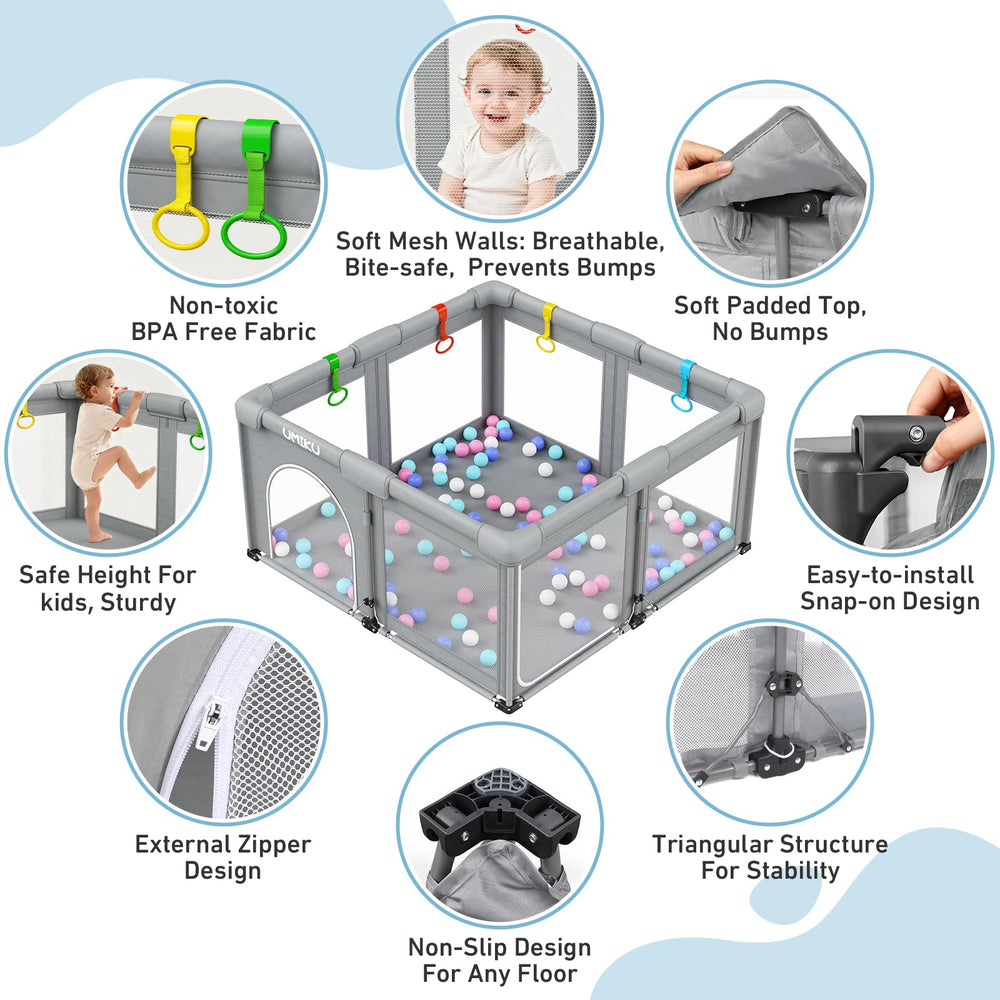 UMIKU playpen features triangular support for a stable, secure play space.