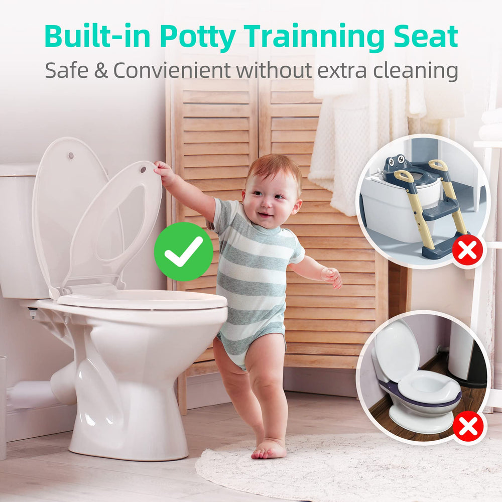 Uming elongated seat shows toddler seat removed for adult-only use.
