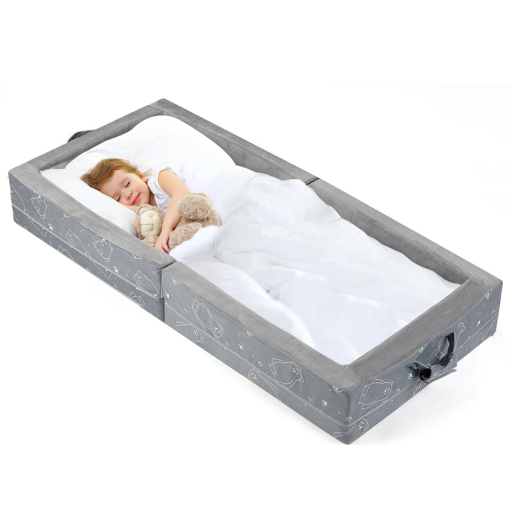 Umoving portable toddler travel bed folded compact for easy travel packing.