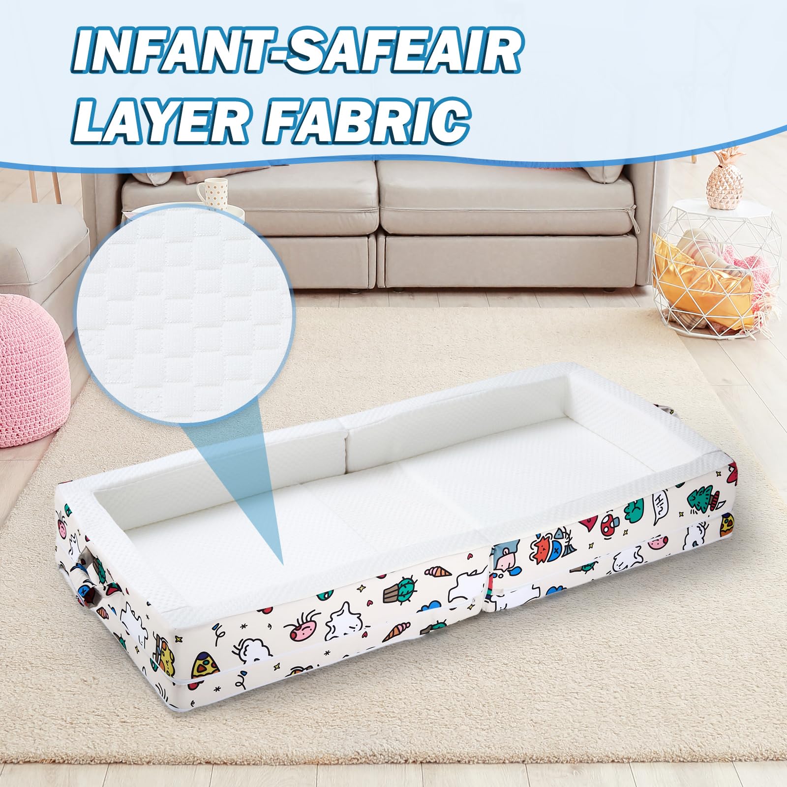 Umoving travel bed in daycare setup showing safety rails