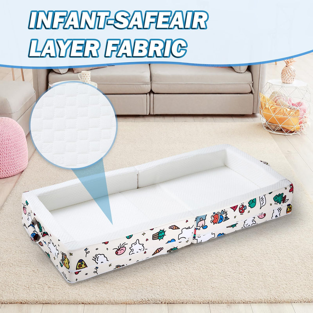 Umoving travel bed in daycare setup showing safety rails