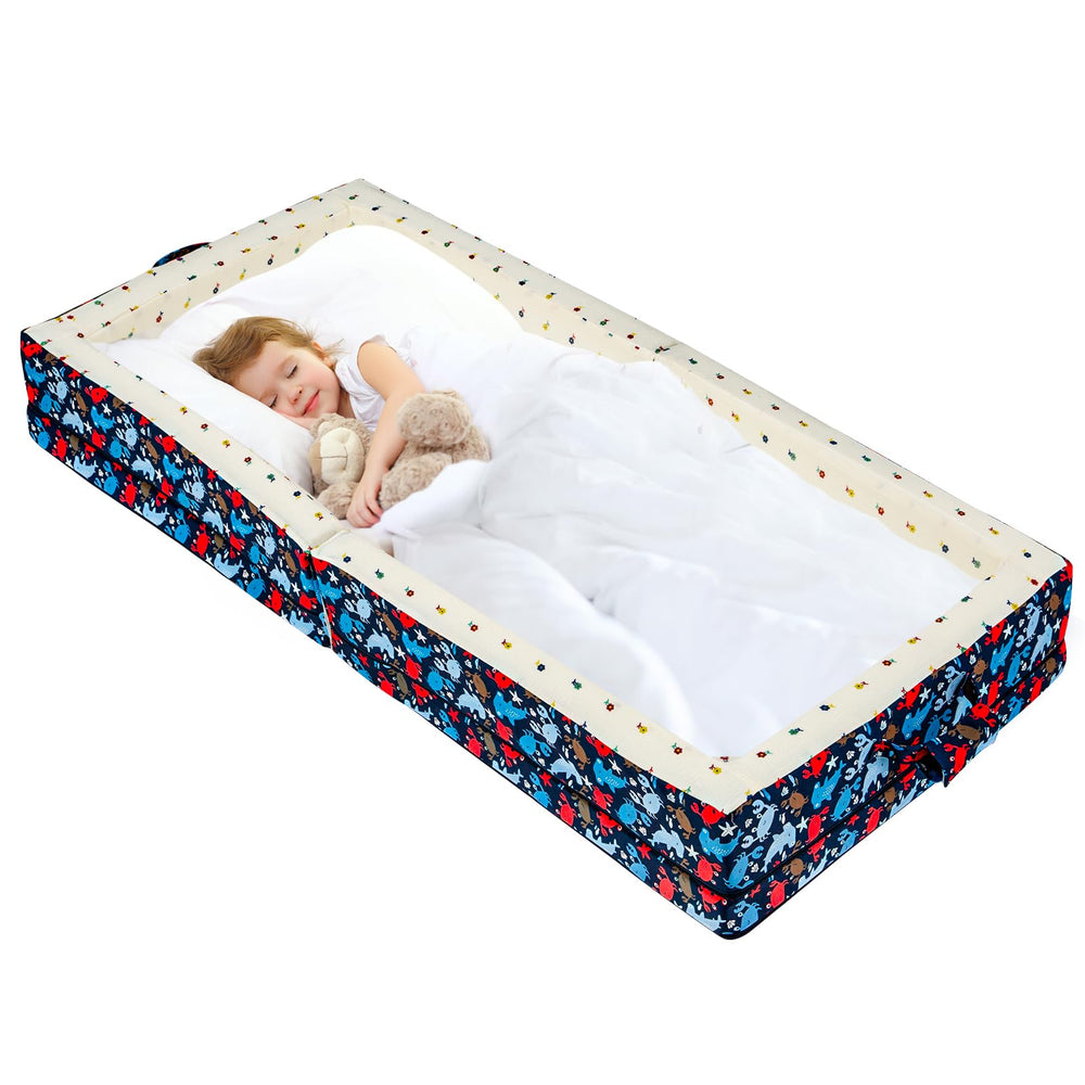 Umoving toddler travel bed folded for compact packing and travel convenience.